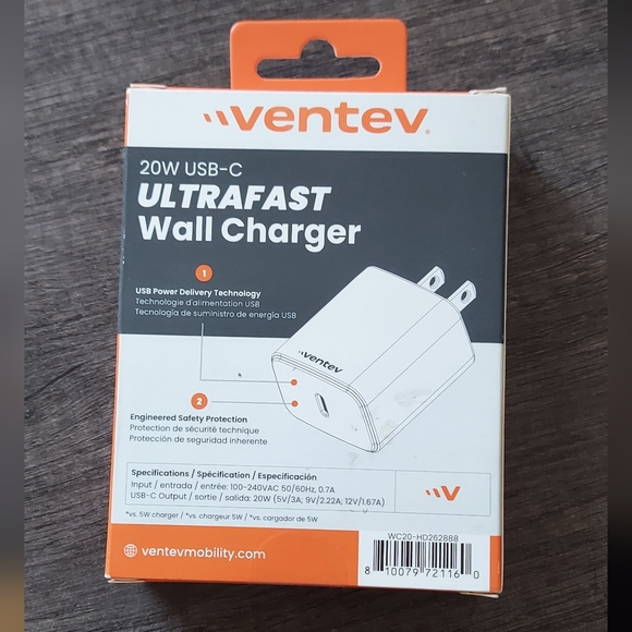 Ventev Wall Charger 1 Port 20 Watt USB-C Ultrafast Power Box in Retail Box White - Picture 7 of 9